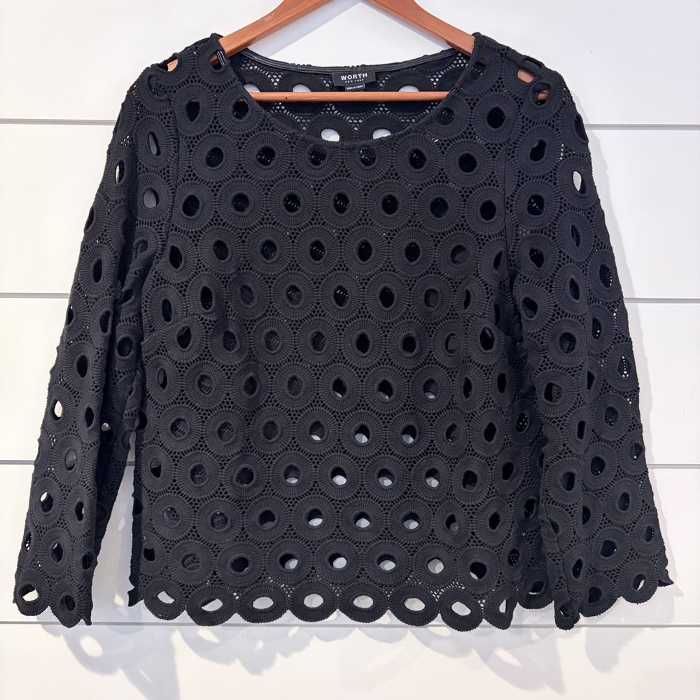 Worth New York Black Eyelet Lace Top M Mobwife Scalloped Hem Minimalist Chic